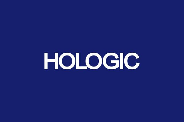 White Hologic logo on a blue background