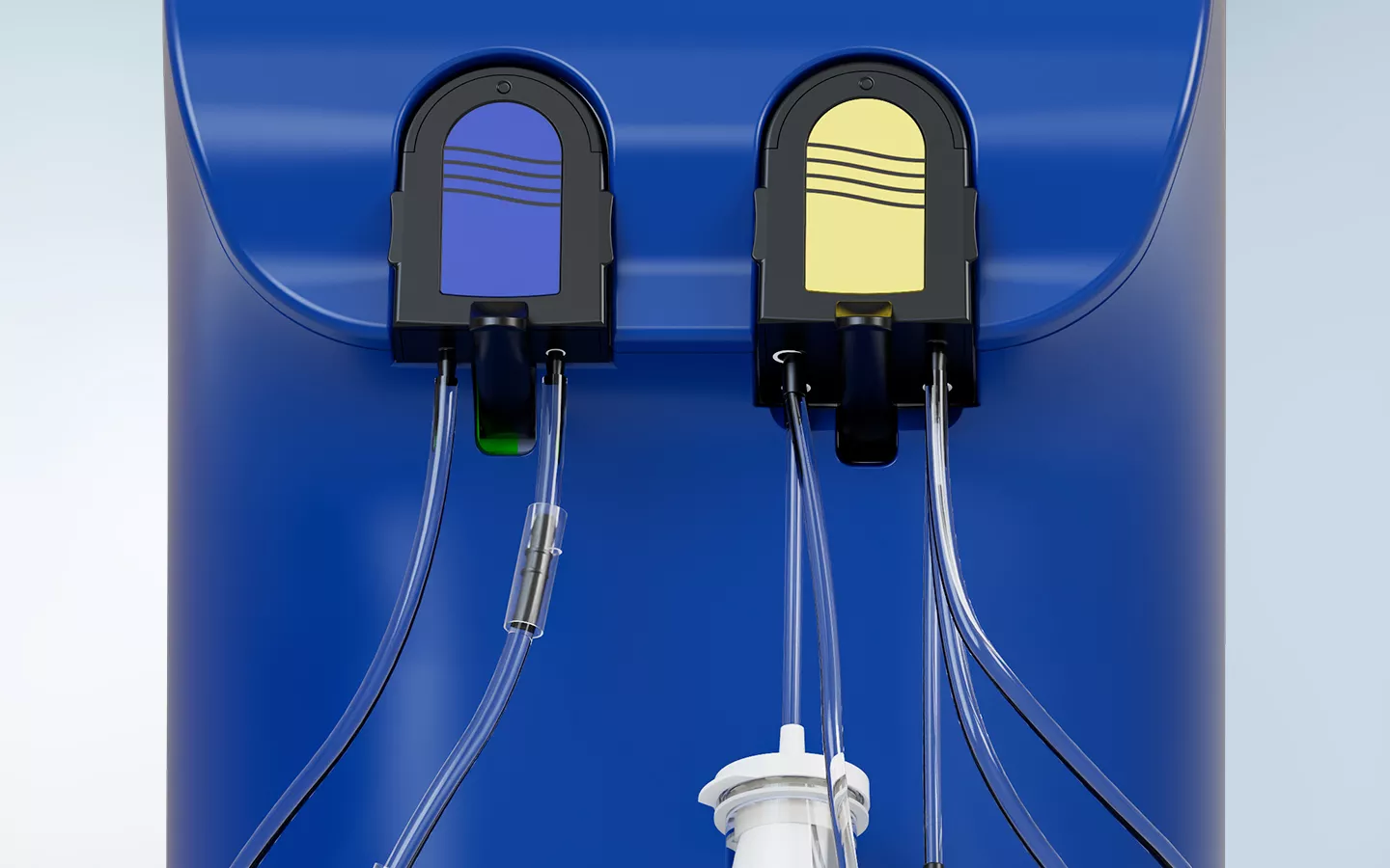 Close-up of retention levers securing suction tubing.