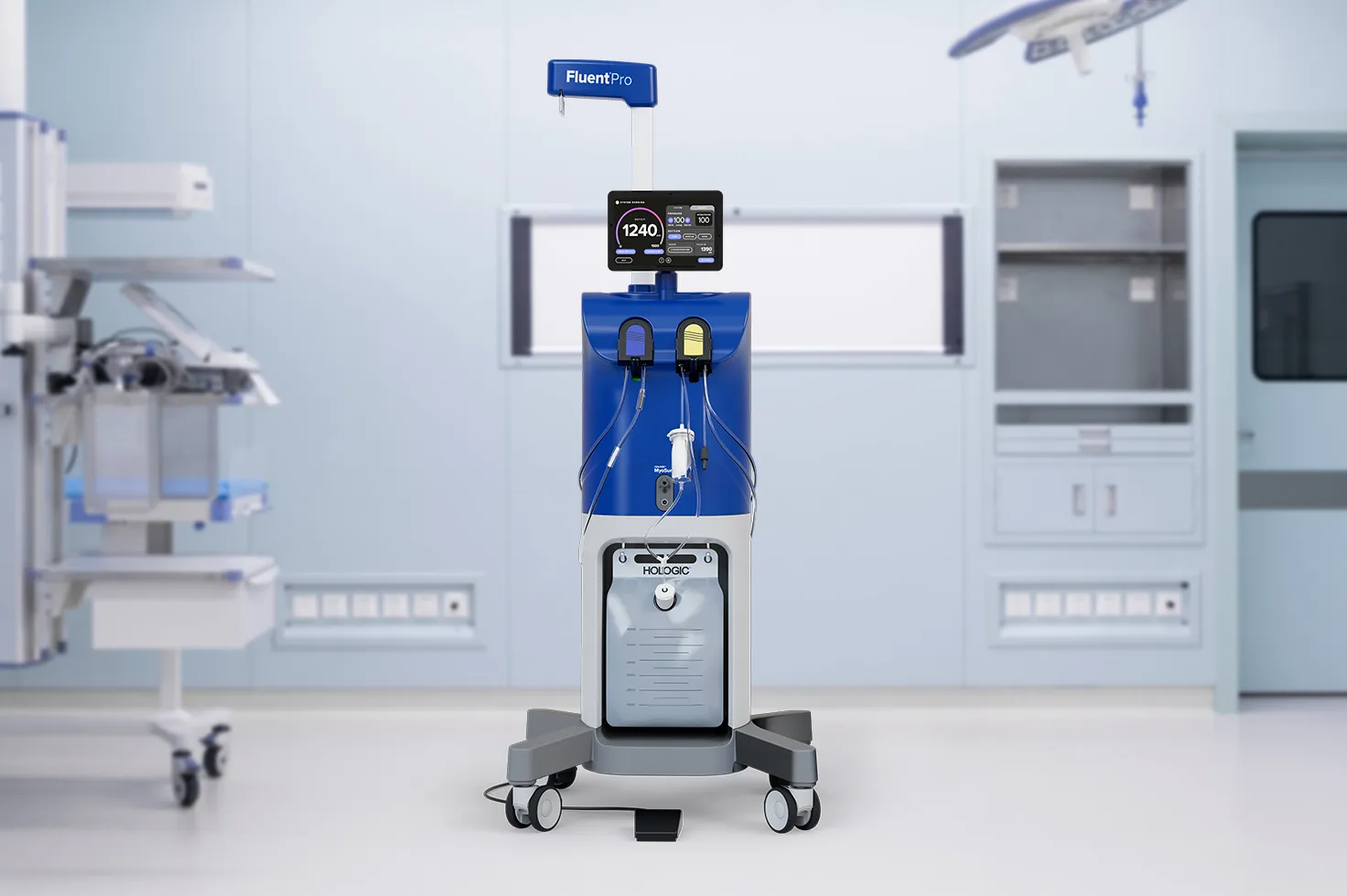 all medical device with display screen and blue components in a surgical room.